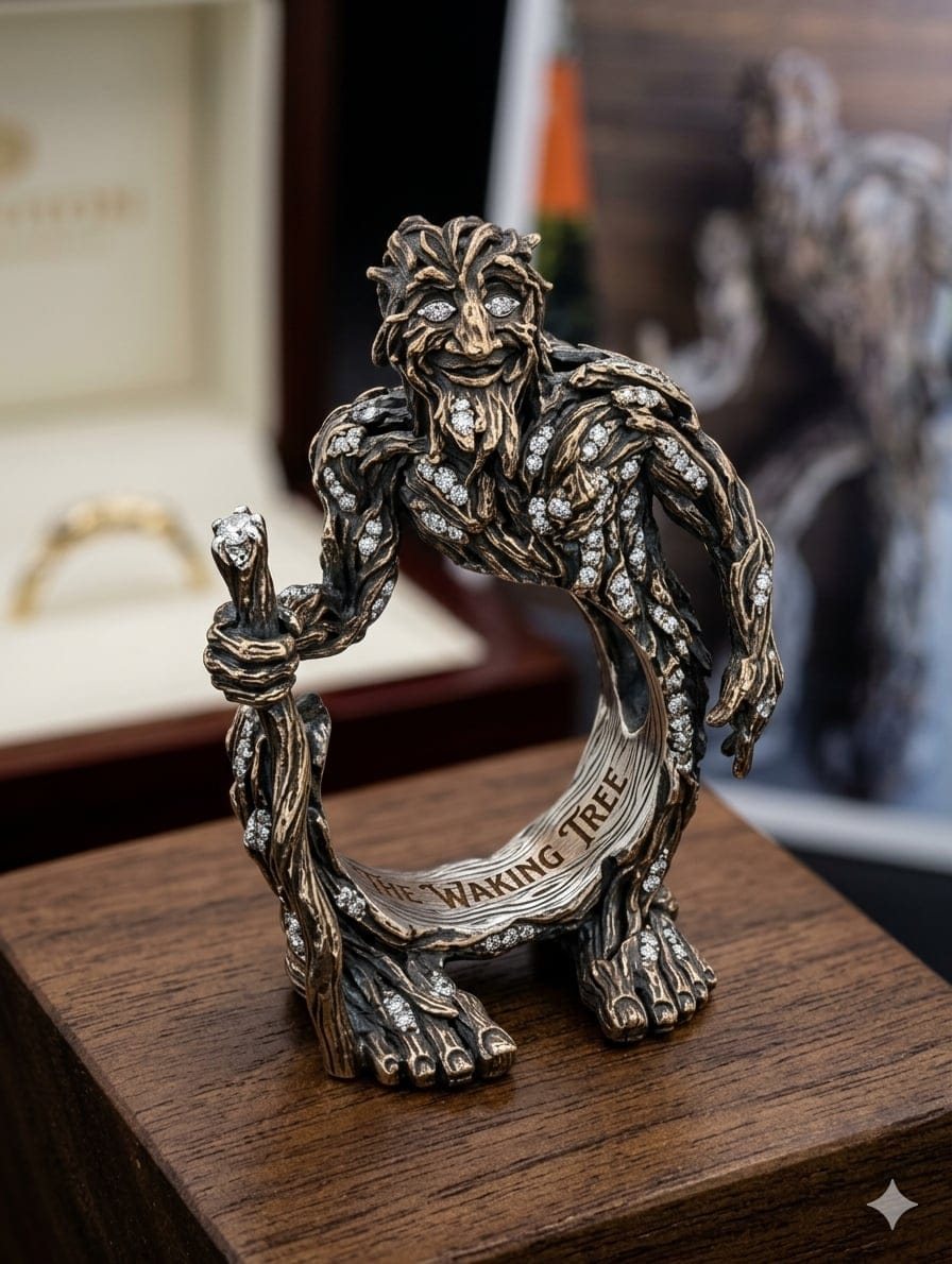 An early AI draft: a tree-man figure standing on a ring band
